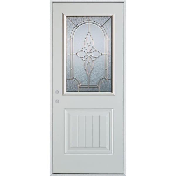Stanley Doors 36 in. x 80 in. Traditional Patina 1/2 Lite 1-Panel Prefinished White Right-Hand Inswing Steel Prehung Front Door