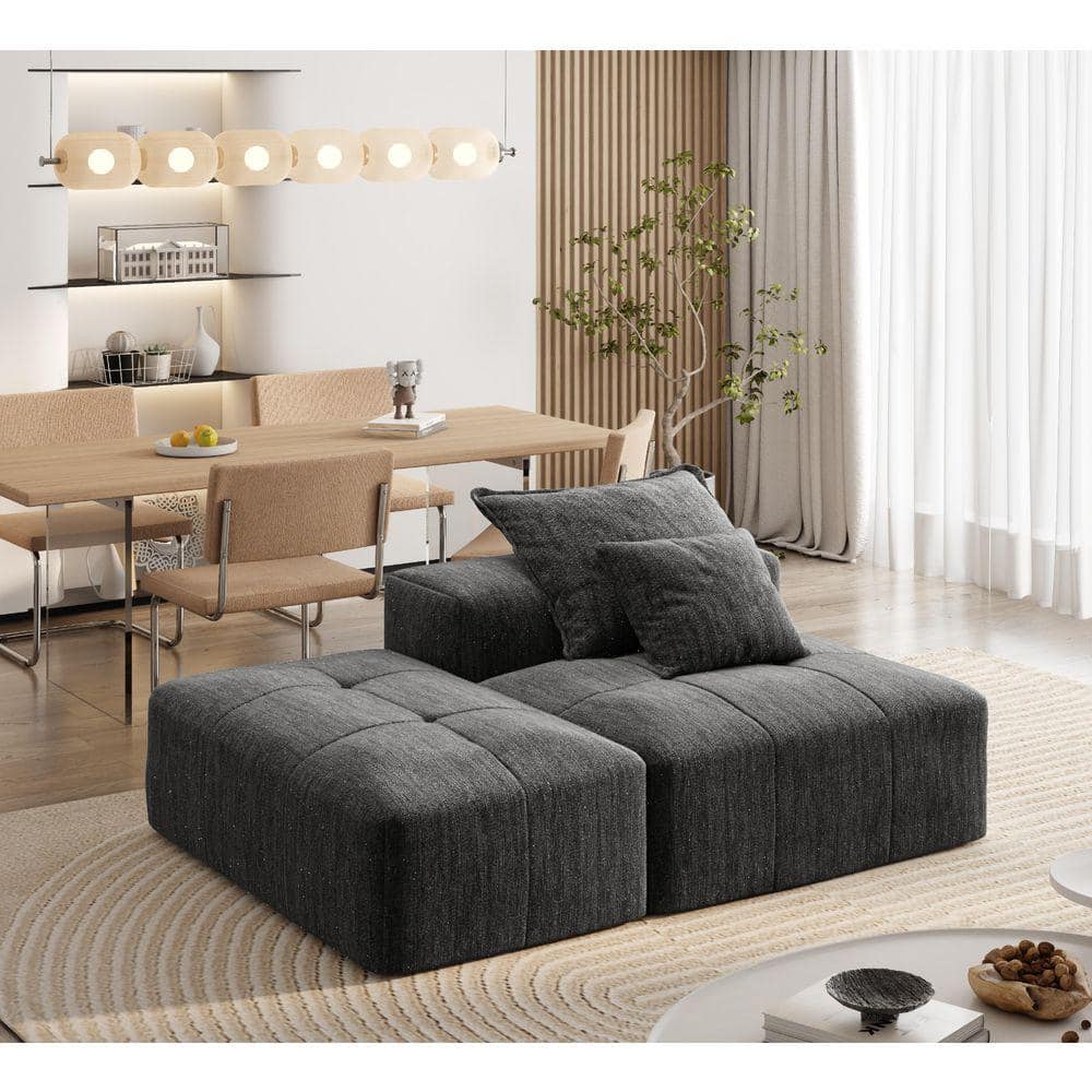 70.8 in. Sparkling Chenille Fabric Rectangle Modern Oversized Modular Sectional Sofa with Ottoman and Pillows in Black