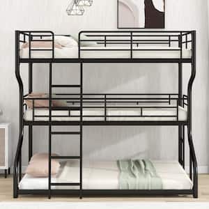Full XL Over Twin XL Over Queen Size Metal Frame Triple Bunk Bed with Long and Short Ladder, Black