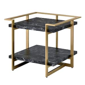 Muscher 26.75 in. Gold Coating and Black Square Faux Marble End Table with Shelf