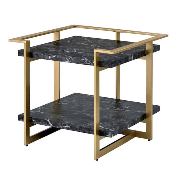 Furniture of America Muscher 26.75 in. Gold Coating and Black Square Faux Marble End Table with Shelf
