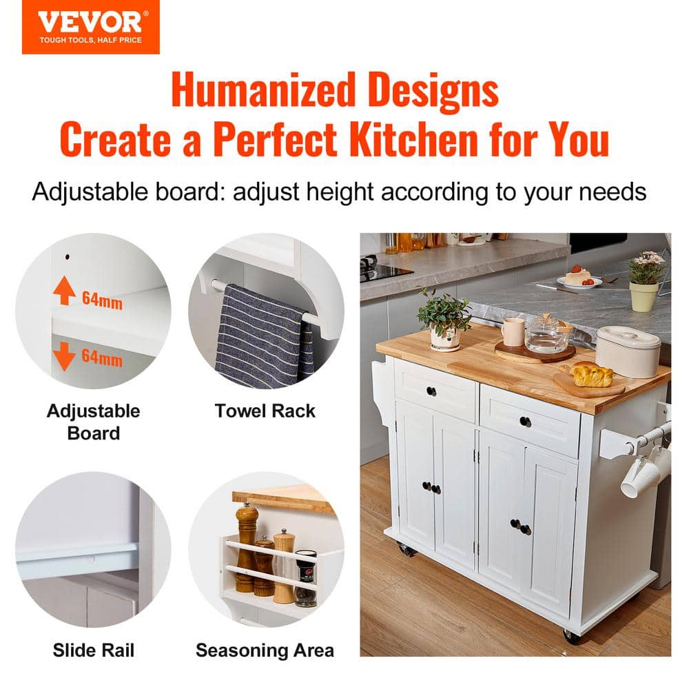 White Rubberwood Drop Leaf Kitchen Cart with Spice Rack