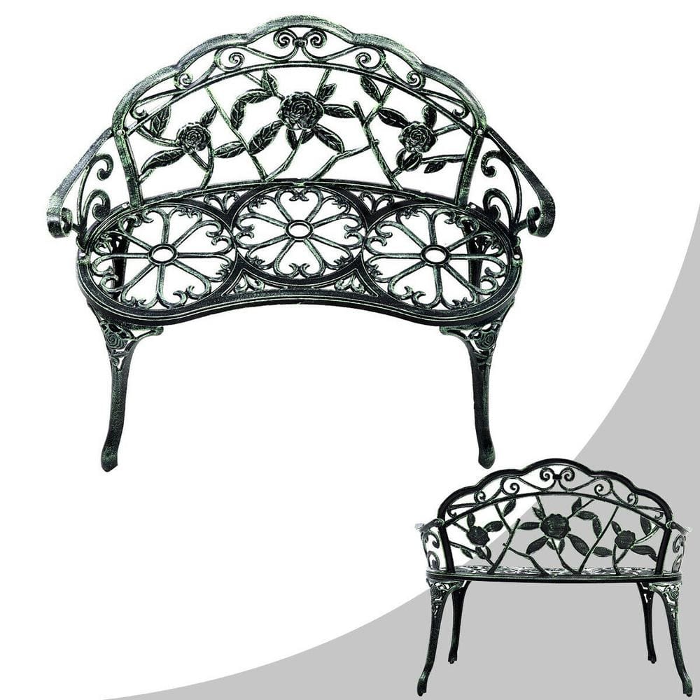 Elegant Antique Green Cast Aluminum Rose Garden Bench