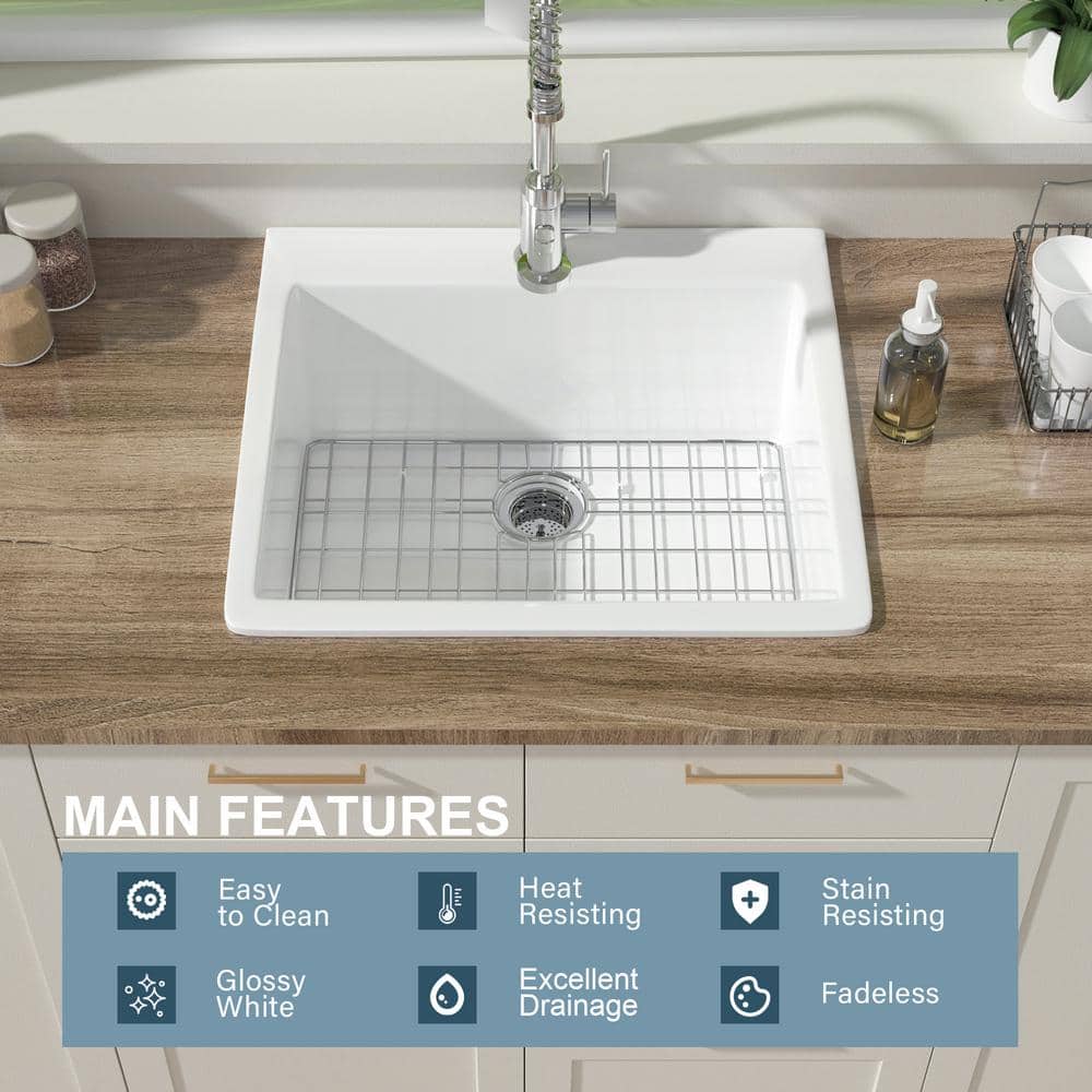 24'' White Fireclay Drop-In Single Bowl Kitchen Sink
