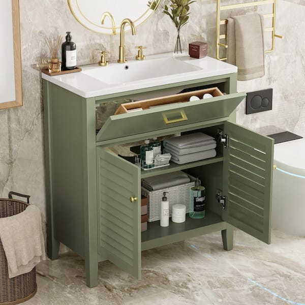 30 in. Single Sink Freestanding Green Bath Vanity with White Ceramic Top and 2 Shelves Storage Cabinet Unassembled