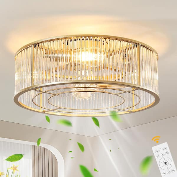 20 in. Indoor 7 Blades 4-Light Gold Caged Crystal Ceiling Fan With Light Kit And Remote Control 6-Speed Reversible Motor