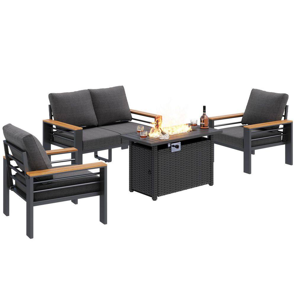 4-Piece Aluminum Outdoor Patio Conversation Set w/ wood armrest, 50000 BTU Propane Firepit Table and Dark Grey Cushion price history on PriceWatchPro