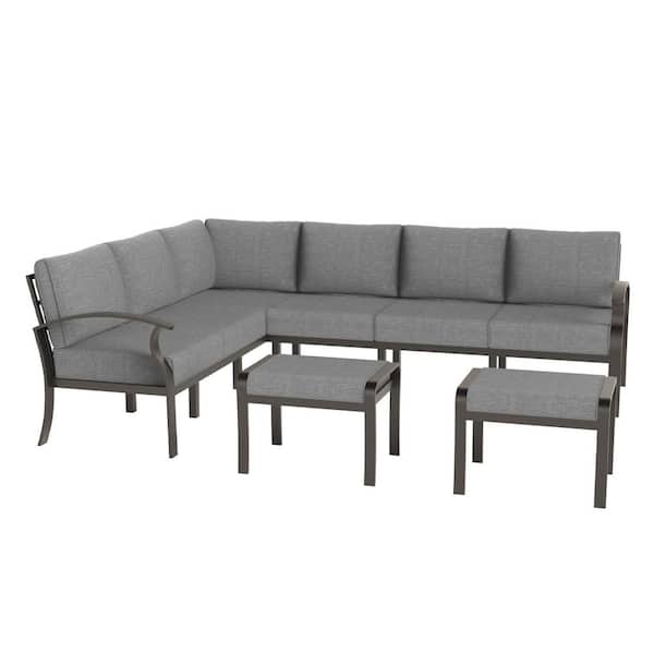 8-Seat Black Aluminum Outdoor Patio Conversation Sectional Set, with Armrest, Ottoman and Cushion Gray