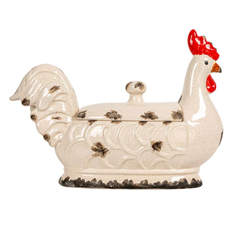 Rustic White Stoneware Rooster Container with Lid