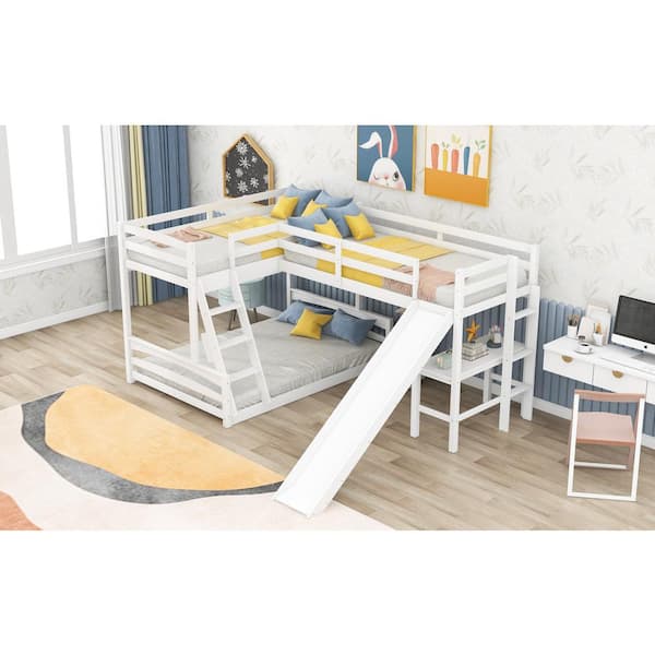 L Shaped Twin Over Full Bunk Bed, White Loft Bed With Pull Out Desk