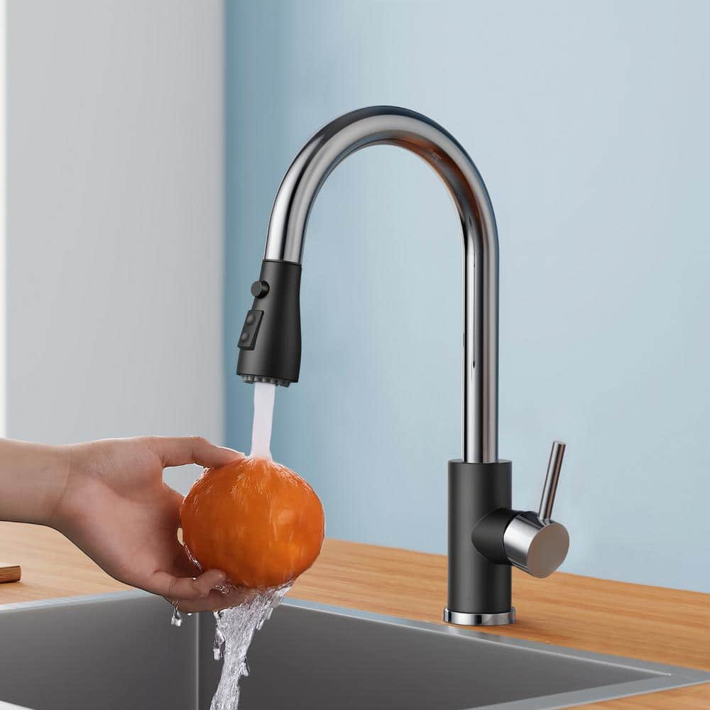Black Chrome Single Handle Pull Down Kitchen Faucet with Soap Dispenser