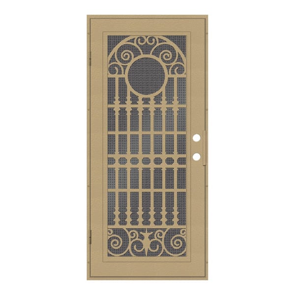 Unique Home Designs 30 in. x 80 in. Spaniard Desert Sand Right-Hand Surface Mount Aluminum Security Door with Black Perforated Metal Screen