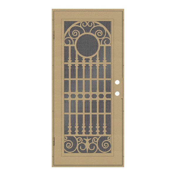 Unique Home Designs 36 in. x 80 in. Spaniard Desert Sand Right-Hand Surface Mount Aluminum Security Door with Black Perforated Metal Screen
