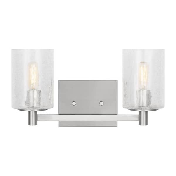 Parker 14.25 in. W 2-Light Brushed Steel Bathroom Vanity Light with Clear Crackle Glass Shades and LED Bulbs Included