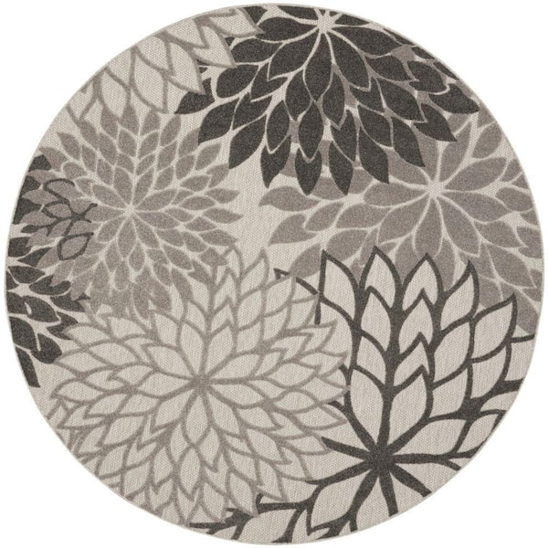 Nourison Aloha Gray 8 ft. x 8 ft. Round Floral Modern Indoor/Outdoor Patio Area Rug