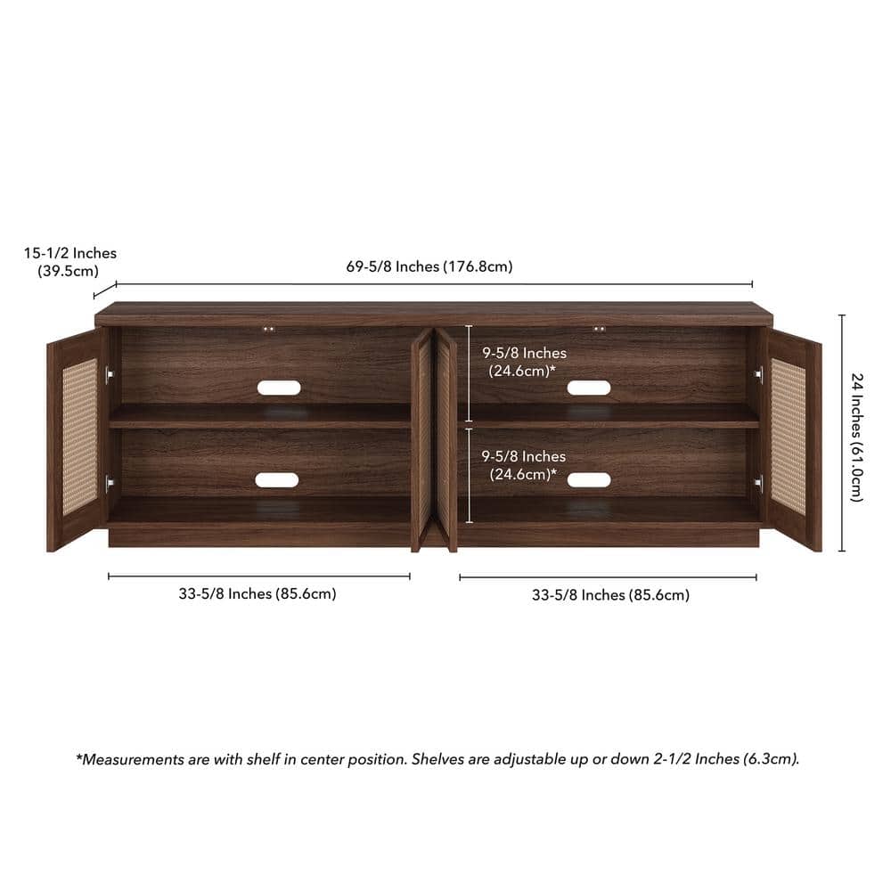 Satin Walnut Rectangular TV Stand with Faux Rattan Cabinets