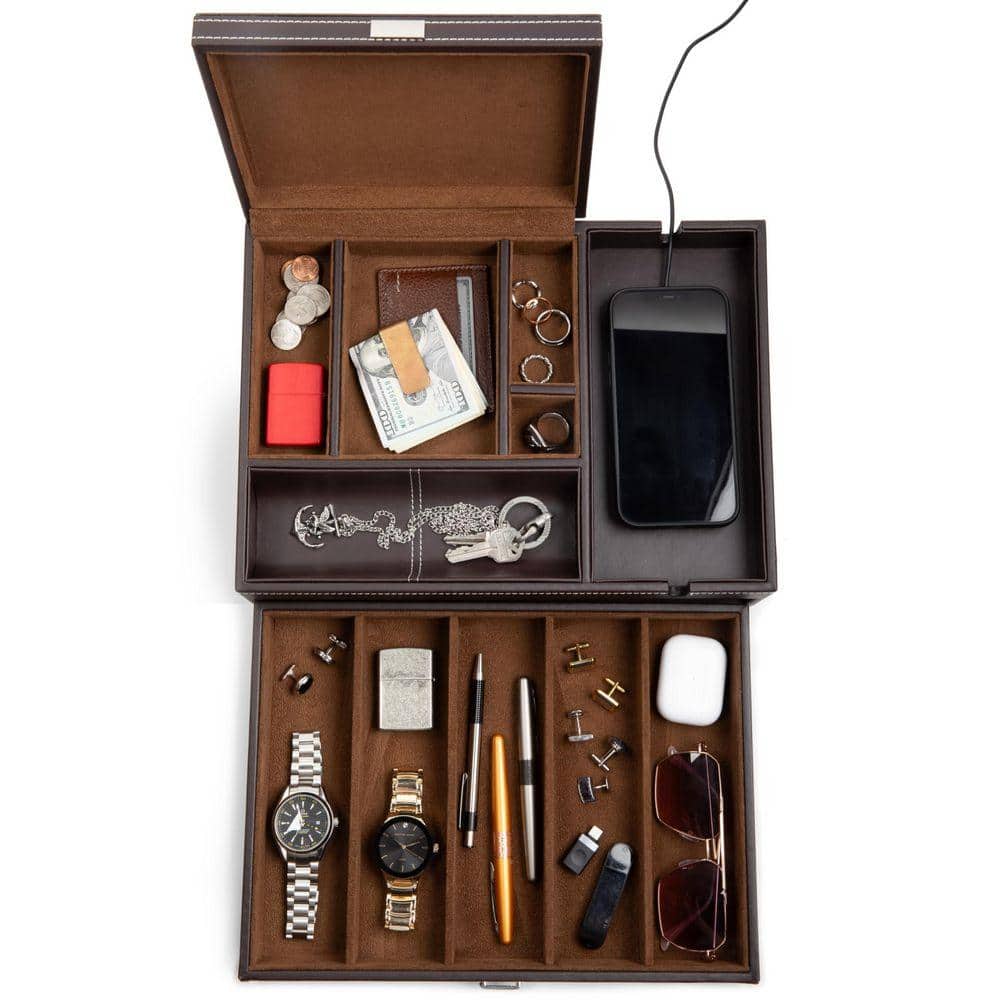 Men's Leather Watch Box Valet Tray, Bedside Organizer with