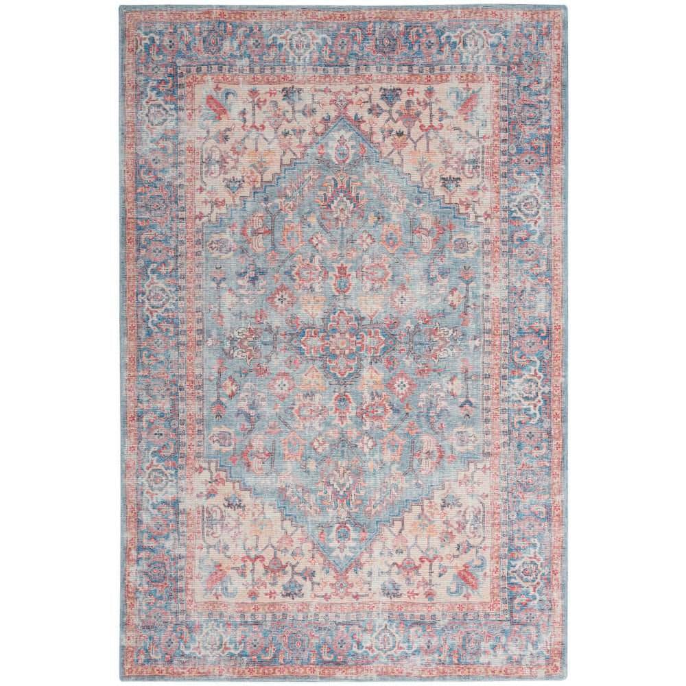 Blue and Red Floral Cotton Chenille Rectangular Area Rug, 6' x 9'
