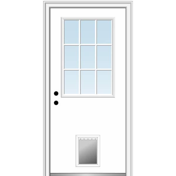 MMI Door 30 in. x 80 in. Classic Right-Hand Inswing 1/2-Lite Clear Primed Fiberglass Smooth Prehung Front Door with Pet Door