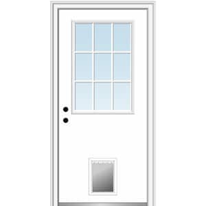 32 in. x 80 in. Classic Right-Hand Inswing 1/2-Lite Clear Primed Fiberglass Smooth Prehung Front Door with Pet Door