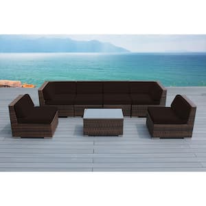 Mixed Brown 7-Piece Wicker Patio Seating Set with Supercrylic Brown Cushions