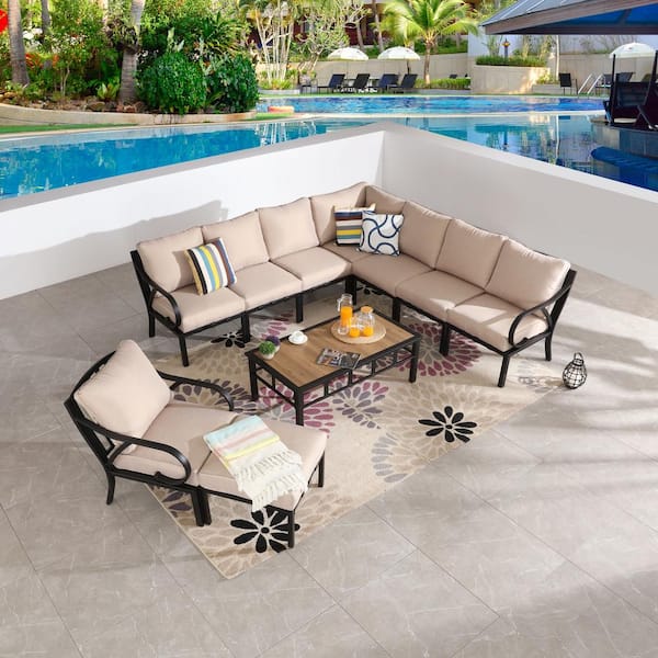 Patio Festival 10-Piece Metal Outdoor Sectional Set with Beige Cushions