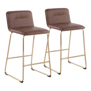 Casper 35 in. Espresso Faux Leather and Gold Metal High Back Counter Height Bar Stool (Set of 2)