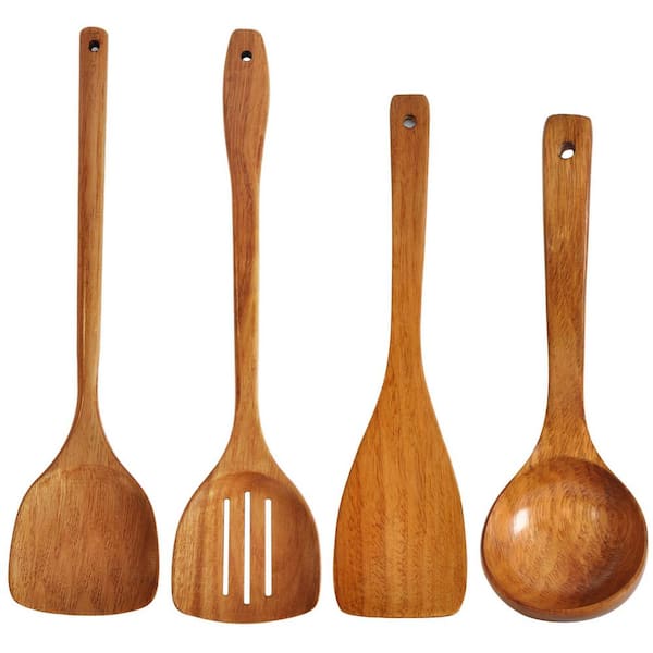 4-Piece Natural Wood Utensil Set Reddish Brown Finish Handmade Long Handle Nonstick Safe Kitchen Accessory Set