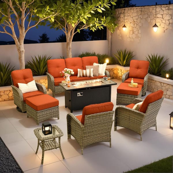 Beverly 9-Piece Wicker Patio Conversation Sofa Swivel Chairs Set with Metal Fire Pit Table and Orange Red Cushions
