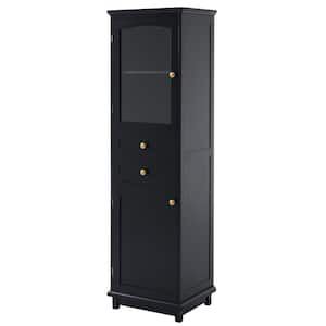 17.76 in. W x 14.21 in. D x 62.99 in. H Black Particle Board Freestanding Linen Cabinet with Glass Doors in Black Finish