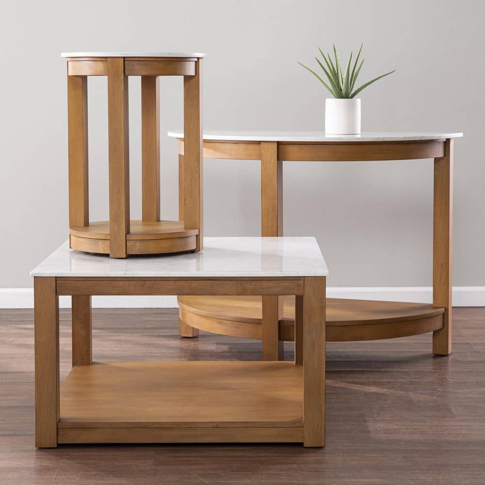 White and Natural Faux Marble Demilune Console Table with Storage