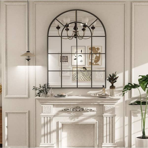 Black 30 in. W x 40 in. H Arched Windowpane Classic Accent Mirror Wall Mirror