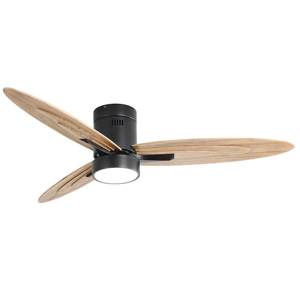 56 in. Integrated LED Indoor Flush Mount Black Ceiling Fan with Light Kit and Solid Wood Fan Blade