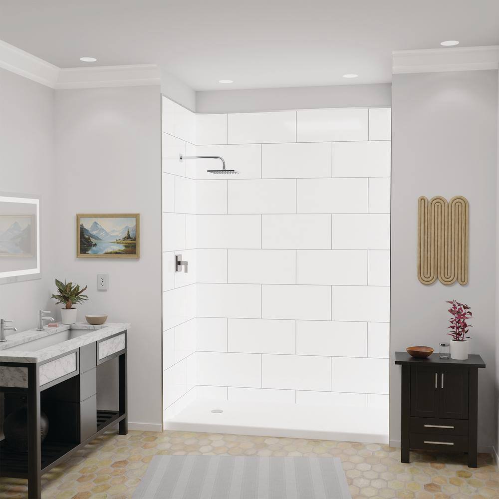 FlexStyle 60" x 36" x 80" White and Gray Block Shower Wall Surround with Brushed Nickel Trim