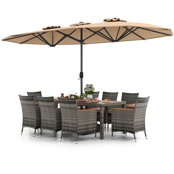 10-Piece Patio Wicker Outdoor Dining Set with Brown 15 ft. Double-Sided Patio Umbrella, Beige Cushions