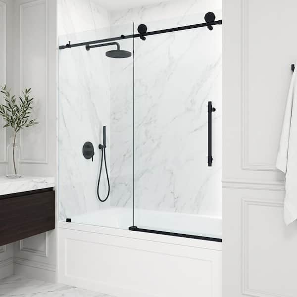 Elan Hart 56 to 60 in. W x 66 in. H Sliding Frameless Tub Door in Matte Black with 3/8 in. (10mm) Clear Glass