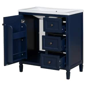 30 in. W Freestanding Bath Vanity in Blue with White Ceramic Basin, Three Drawers Top, and Two Door Shelves