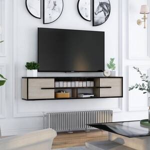 Nowlin 63 in. Natural Oak MDF Floating TV Stand with Sliding Doors Fits Up to 70 in TV