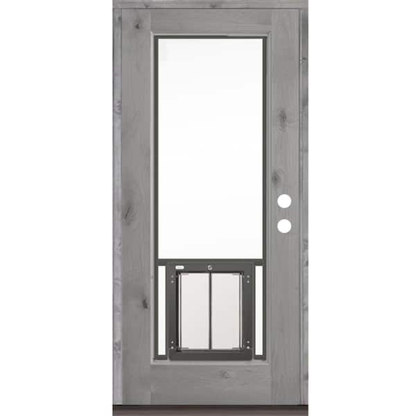 Krosswood Doors 36 in. x 80 in. Left-Hand/Inswing Full Lite Clear Glass Grey Stain Wood Prehung Front Door with Large Dog Door