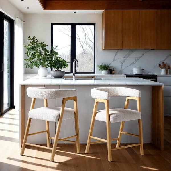Modern 24.25 in. Ivory Rounded Back Solid Wood and Boucle Upholstery Counter Stool