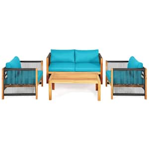 4-Piece Wood Patio Conversation Set Padded Chair with Coffee Table and Turquoise Cushions