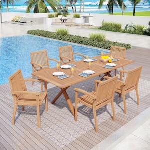 Brown 7-Piece Outdoor Dining Set with Acacia Wood Extendable Table and Acacia wooden Chairs