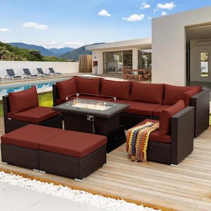 Modern 9-Piece Espresso Rattan Patio Sectional Deep Seating Sofa Set with Fire Pit Table Burgundy Cushions and Ottomans