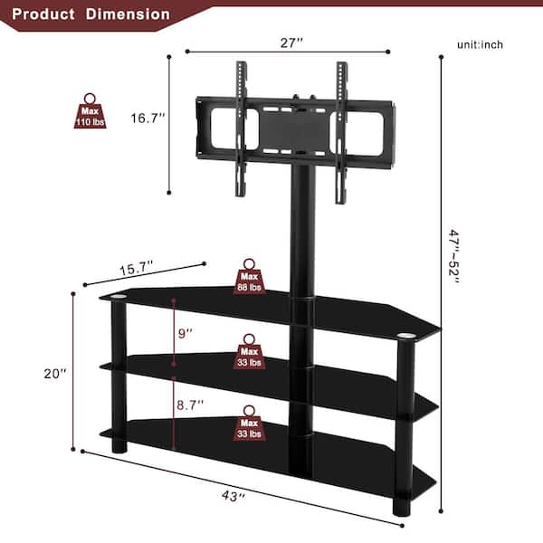 Black Multi-function TV Stand with Height Adjustable Bracket Swivel 3-Tier Fits TV's up to 65 in.