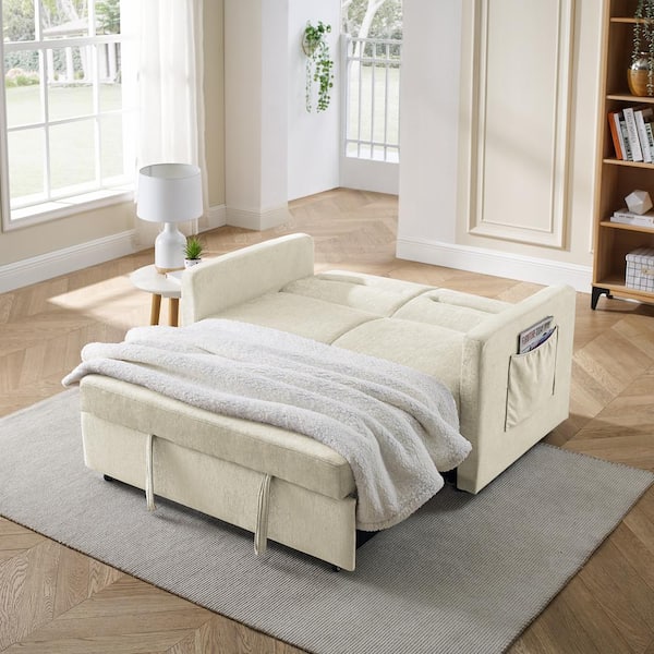 79 Full Sleeper Sofa Bed with Storage Upholstered Convertible Cotton &  Linen Beige
