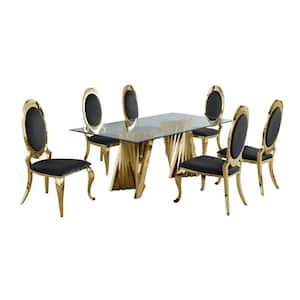 Becky 7-Piece Rectangular Clear Glass Top with Gold Stainless Steel Base Table Set with 6-Black Velvet Chairs