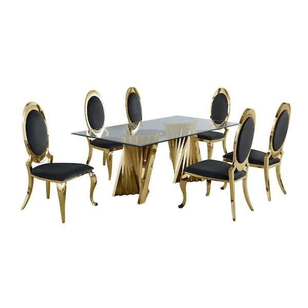 Best Quality Furniture Becky 7-Piece Rectangular Clear Glass Top with Gold Stainless Steel Base Table Set with 6-Black Velvet Chairs