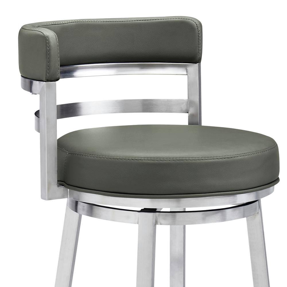 Sleek Swivel 30" Bar Height Grey Faux Leather & Brushed Stainless Steel Stool