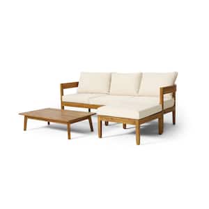 Burrough Teak 2-Piece Wood Outdoor Patio Sofa Sectional Conversation Set with Beige Cushions