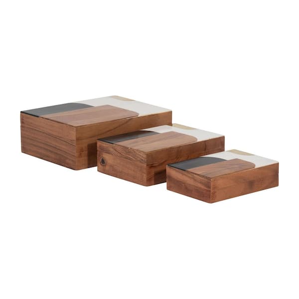 Brown 6/7/9 in. Wood/Resin Mid-Century Decorative Box (Set-3)